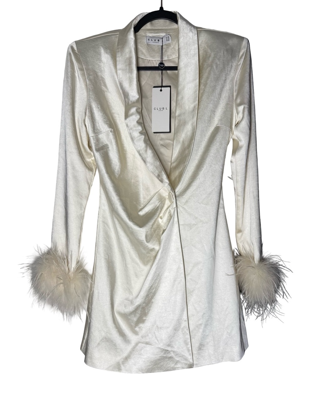 Club L London VIP Ivory Satin Blazer Mini Dress Sz US 4 Feather Cuff Party NEW